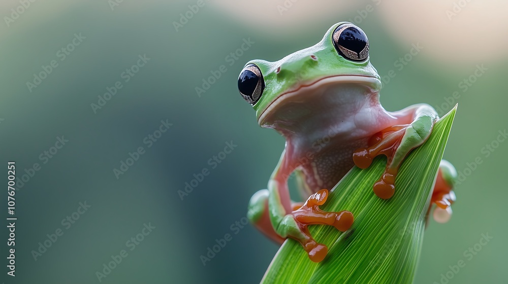 Obraz premium A small green tree frog clinging to the edge of a leaf, conveying a sense of amazement and wonder about life beyond the rainforest.