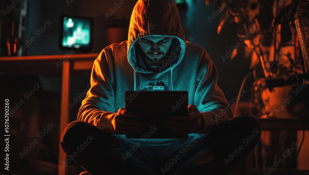 Hooded Figure in a Dark Room with Glowing Light