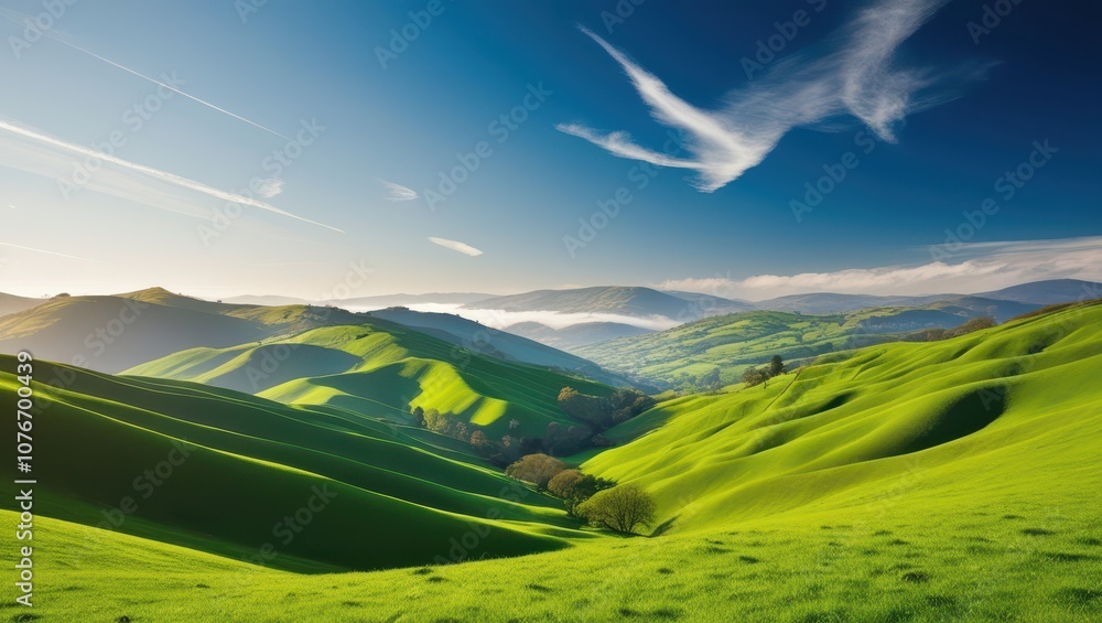 Fototapeta premium A serene landscape of undulating valleys bathed in vibrant, emerald greenery, with rolling hills and misty mountains softly fading into the distance, under a bright blue sky with a few wispy, white cl
