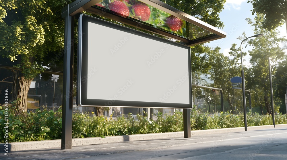 Fototapeta premium A white advertisement billboard at a bus stop. The billboard is clean and blank, set against the bus stop structure with a modern, urban feel, perfect for displaying an ad or message.
