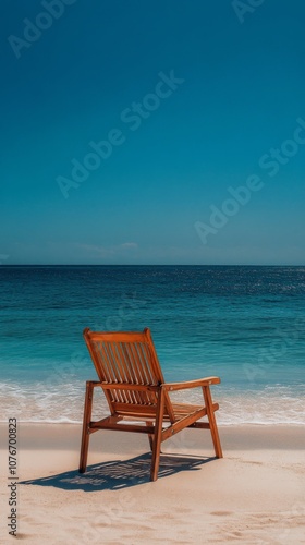 Wooden chair positioned on a quiet beach with turquoise waters on a sunny day