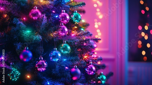 A Christmas tree adorned with neon ornaments glowing in vibrant blues, pinks, and greens, with high-tech LED lights pulsating through the branches in synchronized patterns