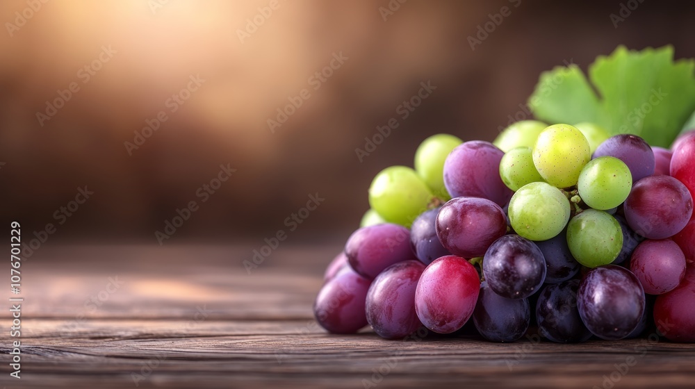 Freshly harvested grapes in various colors arranged on rustic wooden table with warm lighting, copy space Freshly harvested grapes in various colors arranged on rustic wooden table with warm lighting, copy space