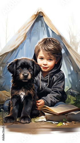 A boy and his loyal dog sit in a tent together. scene of friendship and joy.