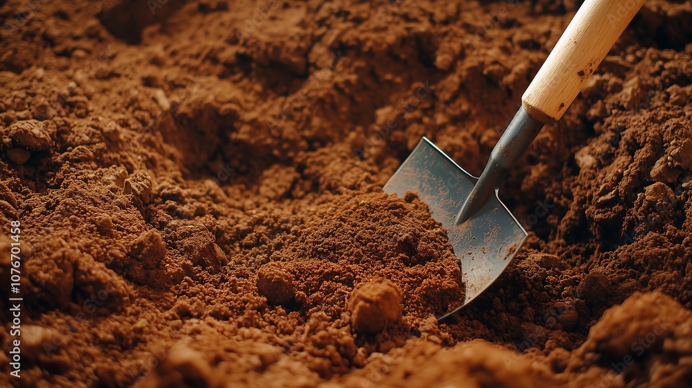A garden trowel with a sturdy handle and a slightly worn metal blade, ideal for digging and loosening soil, with bits of soil clinging to the blade, suggesting recent use in gardening. A garden trowel with a sturdy handle and a slightly worn metal blade, ideal for digging and loosening soil, with bits of soil clinging to the blade, suggesting recent use in gardening.