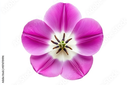 Vibrant pink tulip flower isolated on white background, showcasing its detailed petals and center.