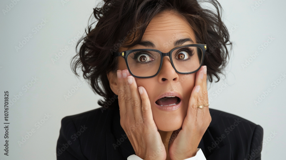 Surprised woman wearing dark-framed glasses with hands on her cheeks, styled hair, and dressed in a dark pinstripe blazer, expressing shock against a neutral backdrop Surprised woman wearing dark-framed glasses with hands on her cheeks, styled hair, and dressed in a dark pinstripe blazer, expressing shock against a neutral backdrop