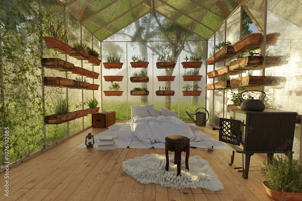 Naklejka premium cozy greenhouse with low bed and herb plants in the morning light. 3D Rendering