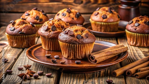 Savor the delicious taste of homemade chocolate chip cinnamon muffins, radiating warmth and tantalizing aroma, ideal for breakfast or snacks in a snug kitchen atmosphere.