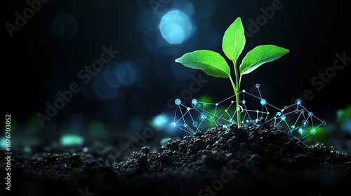 Fresh Green Plant Growing from Soil with Digital Network Elements Symbolizing Technology and Nature Interaction in a Macro Nature Scene