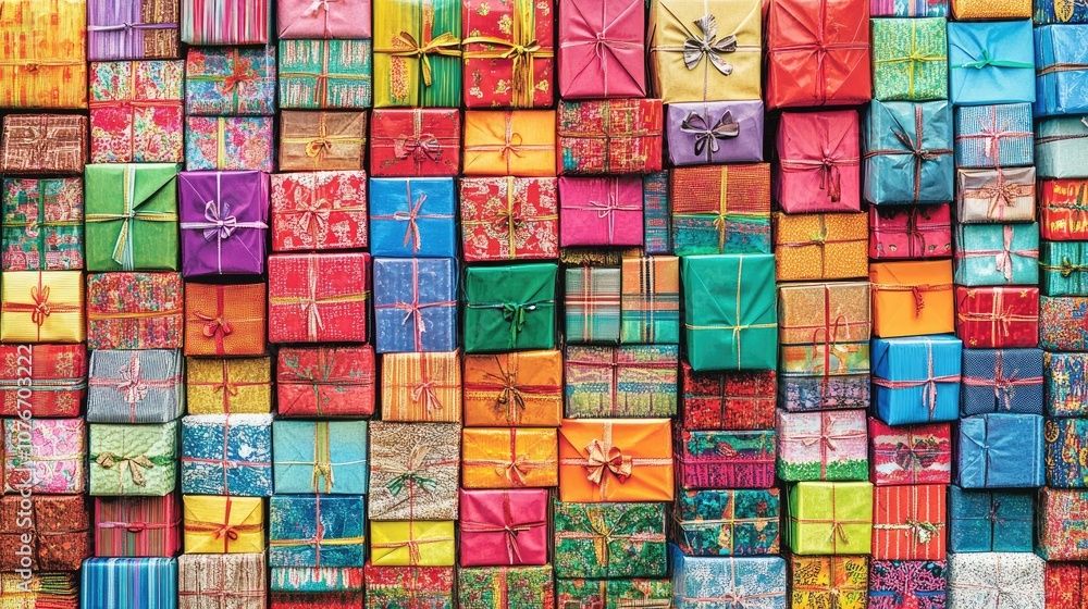 A vibrant display of colorfully wrapped gifts stacked high, adorned with bows and ribbons, creating a festive atmosphere for celebration. A vibrant display of colorfully wrapped gifts stacked high, adorned with bows and ribbons, creating a festive atmosphere for celebration.