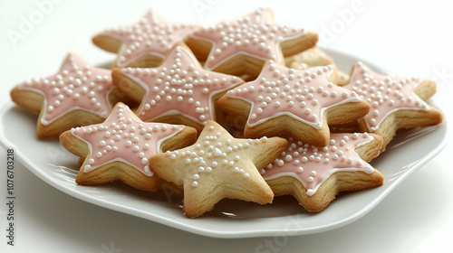 A plate of star-shaped sugar cookies adorned with pastel pink icing and delicate pearl-like sprinkles. Perfect for holiday celebrations, parties, or as a delightful festive dessert.