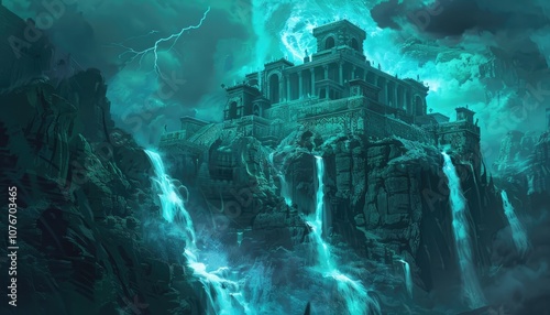 Ancient Stone Palace with Waterfalls Under a Stormy Sky