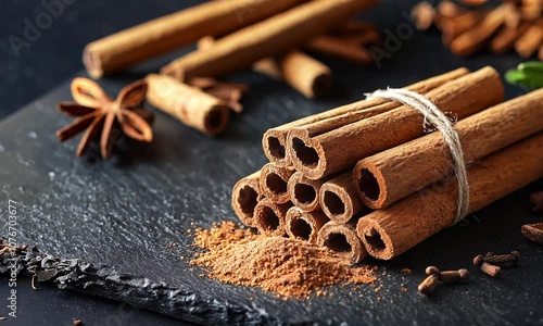 Cinnamon sticks and cinnamon powder on a wooden table  photo