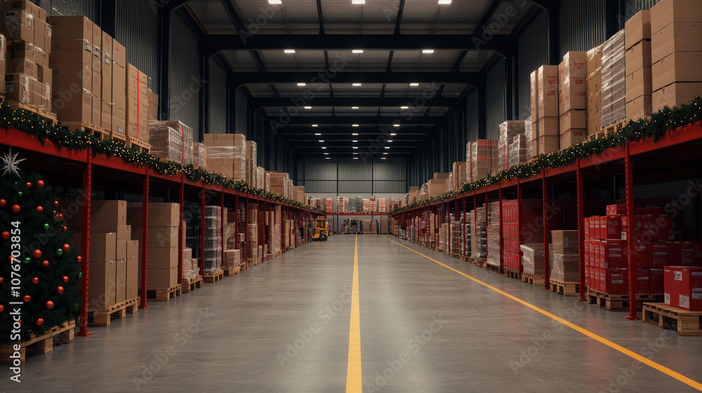 Fototapeta premium Busy warehouse during the peak holiday season, filled with stacked boxes and festive decorations creating a vibrant and productive atmosphere