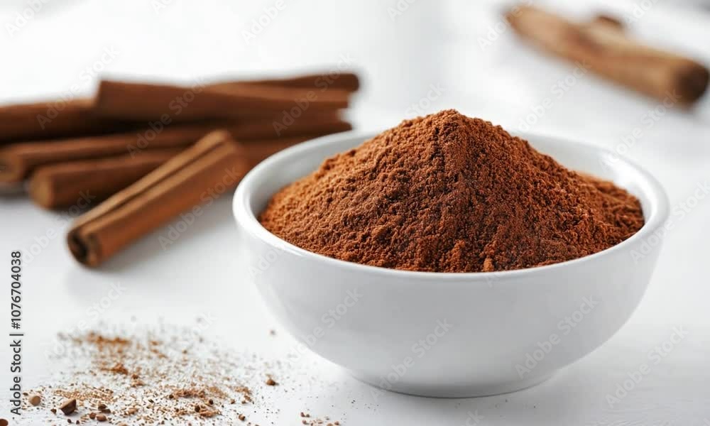 Cinnamon powder in a white bowl with cinnamon sticks on a white table Cinnamon powder in a white bowl with cinnamon sticks on a white table