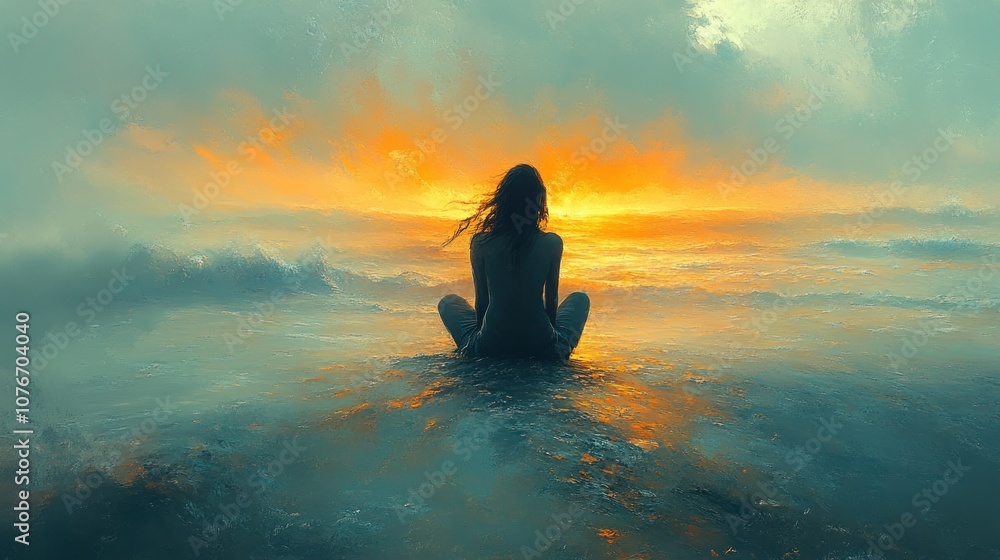 Obraz premium Woman Contemplating Sunset