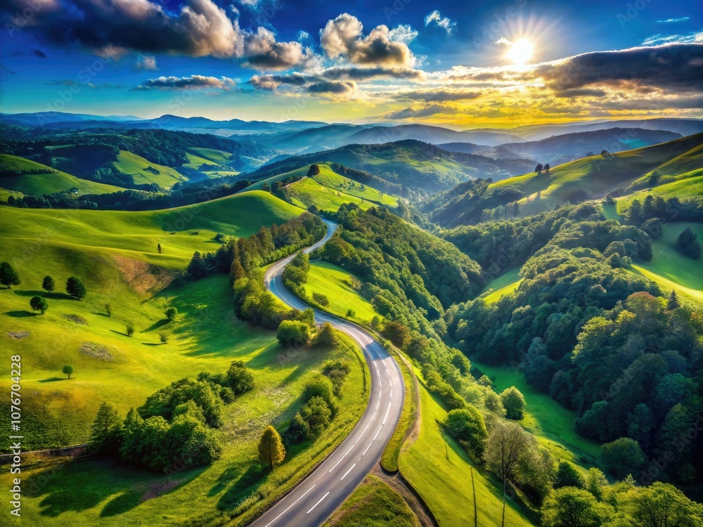 Fototapeta premium Scenic Long Hilly Road with Lush Greenery and Clear Blue Sky for Travel Inspiration