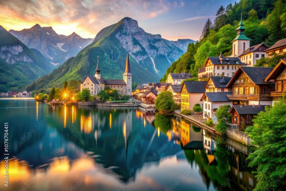Fototapeta premium Scenic Mountain Town by the Water with Bokeh Effect for Stunning Visuals