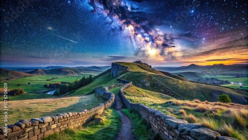 Scenic Panoramic View of Hadrian's Wall and Housesteads Roman Fort in Northumberland's Dark Skies Region photo