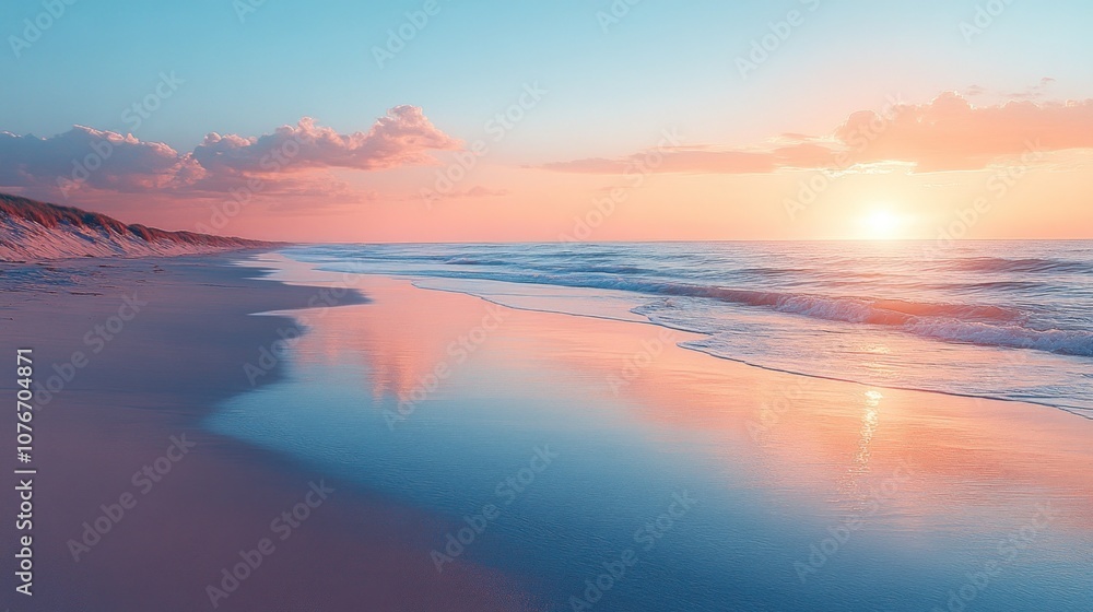 Fototapeta premium Sunset Beach with Pink and Blue Skies