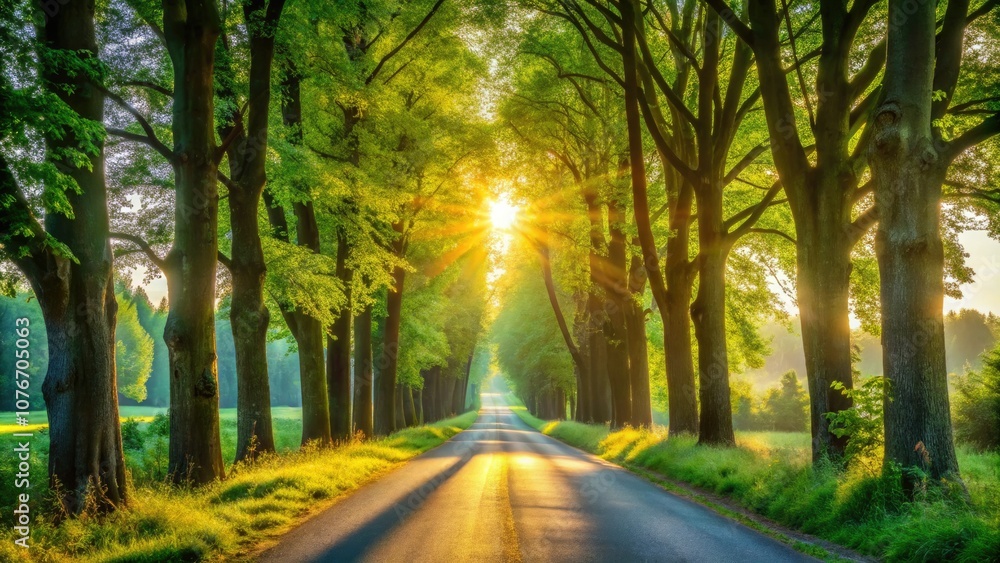 Fototapeta premium Scenic Rural Road with Sunlight Filtering Through Trees - Peaceful Nature Photography