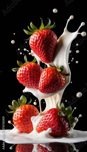 Strawberry Falling into Milk Splash on Black Background