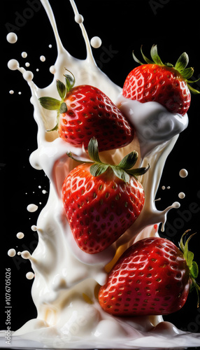 Strawberry Falling into Milk Splash on Black Background