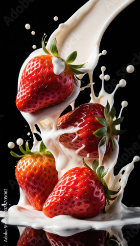 Strawberry Falling into Milk Splash on Black Background