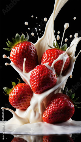 Strawberry Falling into Milk Splash on Black Background
