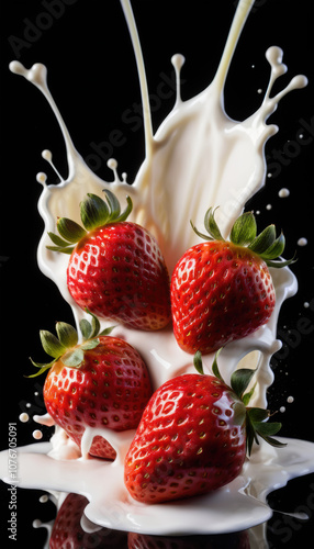 Strawberry Falling into Milk Splash on Black Background
