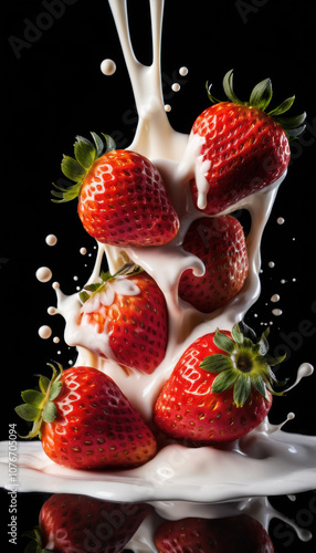 Strawberry Falling into Milk Splash on Black Background