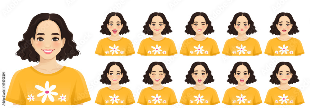 Young beautiful woman different facial expressions. Isolated vector illustration set of avatars Young beautiful woman different facial expressions. Isolated vector illustration set of avatars