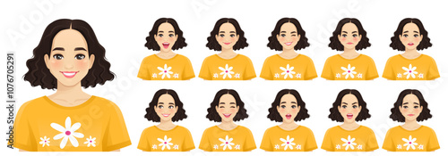 Young beautiful woman different facial expressions. Isolated vector illustration set of avatars