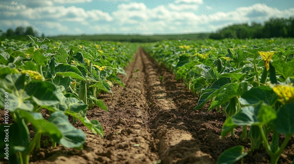 Fototapeta premium Field of okra with yellow flowers.