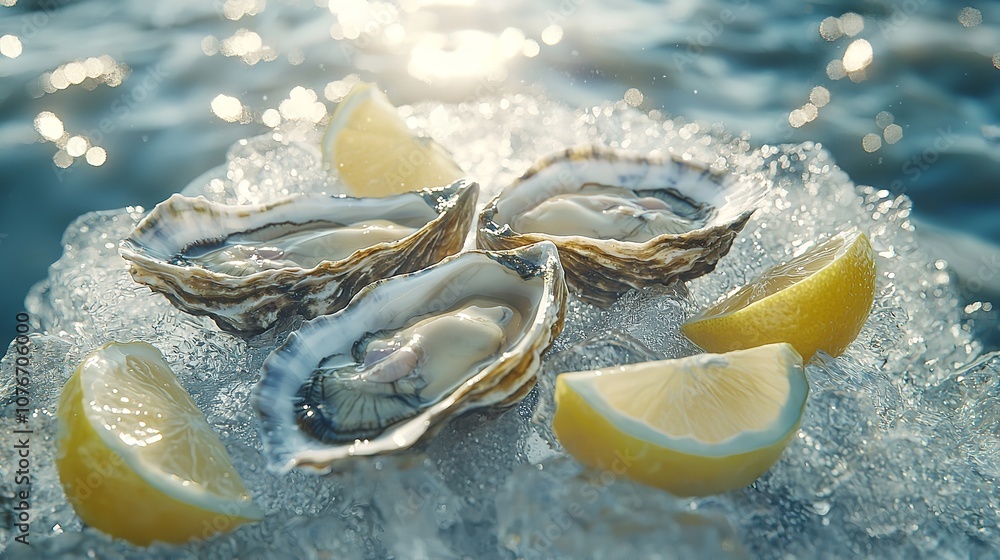 A plate of oysters with a lemon wedge on the side A plate of oysters with a lemon wedge on the side