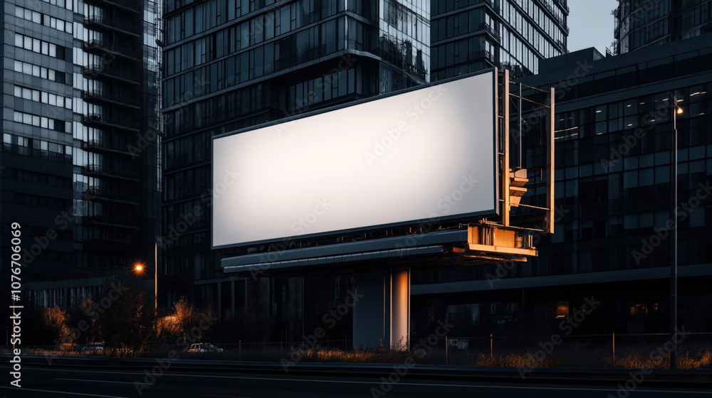 Large blank billboard on an urban street at dusk with modern office buildings in the background, illuminated by streetlights and ambient city lighting. Large blank billboard on an urban street at dusk with modern office buildings in the background, illuminated by streetlights and ambient city lighting.