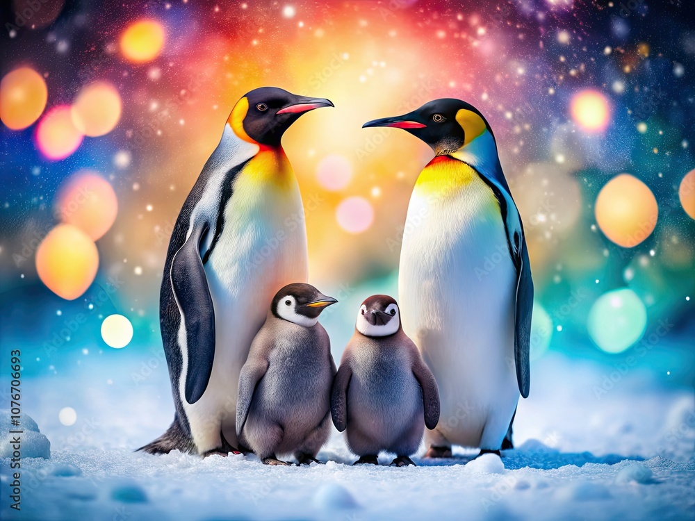 Fototapeta premium Cute penguin family captured in long exposure art, playing in a snowy landscape. Enjoy vibrant colors and fun designs for a delightful coloring experience for all ages.