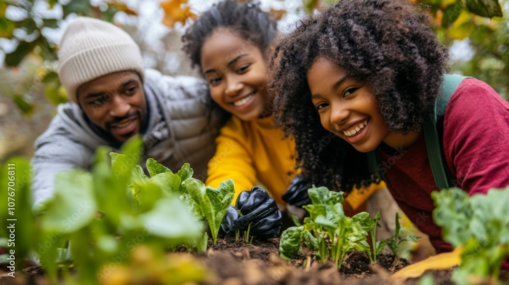 Family of three working together in a garden, smiling at the camera Family of three working together in a garden, smiling at the camera
