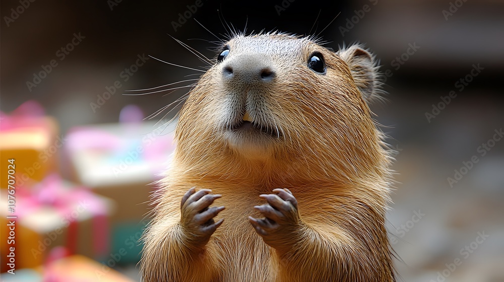 Capybara with reindeer nose, surrounded by wrapped gifts, cute holiday look, colorful background Capybara with reindeer nose, surrounded by wrapped gifts, cute holiday look, colorful background