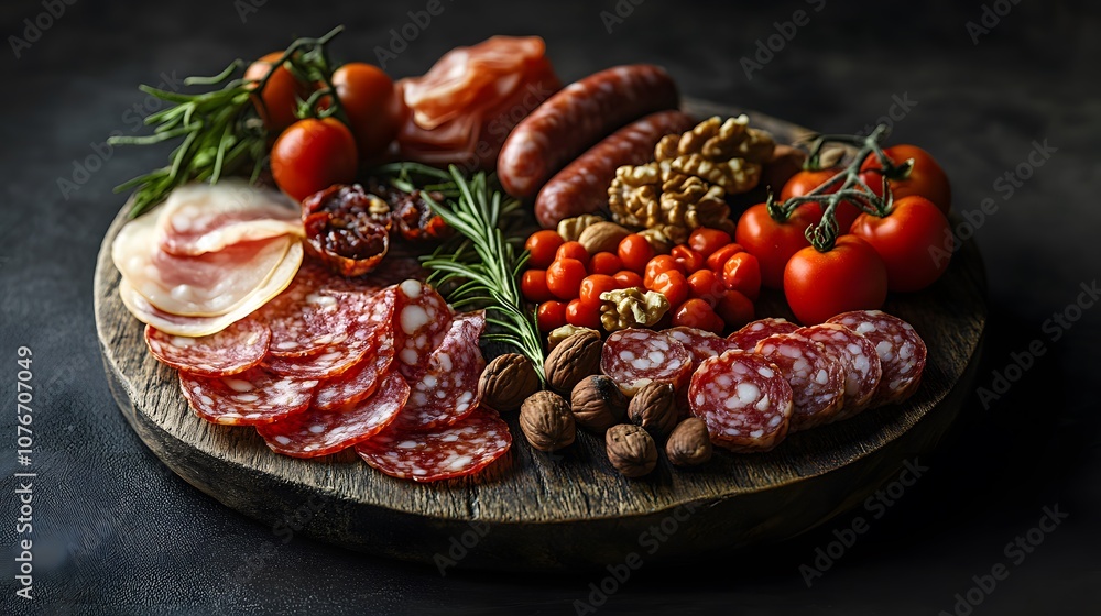 Obraz premium Artfully arranged charcuterie board with cured meats, salami, sausages, garnished with rosemary, cherry tomatoes and hazelnuts on rustic wooden platter with moody lighting.