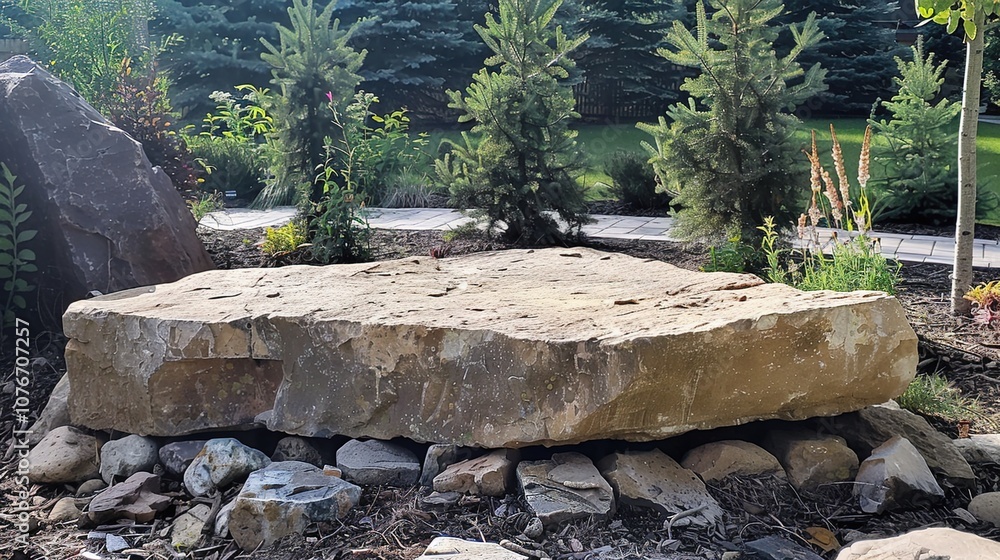flat stone podium on a rock platform serves as a stylish showcase against a backdrop of verdant forest scenery flat stone podium on a rock platform serves as a stylish showcase against a backdrop of verdant forest scenery