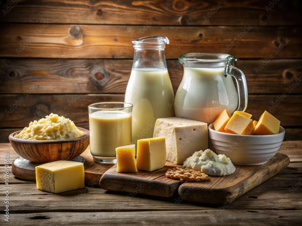 Dairy Products Still Life on Wooden Table - Fresh Milk, Cheese, and Yogurt Display for Culinary Inspiration Dairy Products Still Life on Wooden Table - Fresh Milk, Cheese, and Yogurt Display for Culinary Inspiration