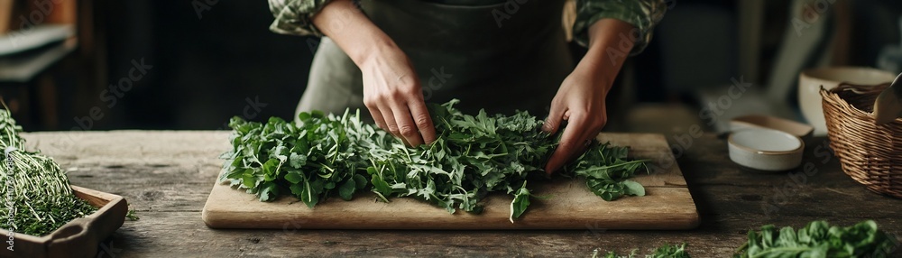 Arranging Fresh Homegrown Greens on Rustic Wooden Cutting Board for Healthy Meal Prep Arranging Fresh Homegrown Greens on Rustic Wooden Cutting Board for Healthy Meal Prep