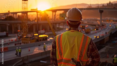 A construction worker wearing high visibility stands on the site of a highway under construction, he is watching over his shoulder to see what is going on in the distance.