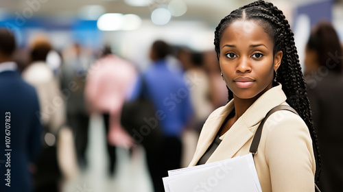 Job seekers actively engaging with recruiters at a bustling career fair, showcasing determination and eagerness in their pursuit of professional opportunities photo