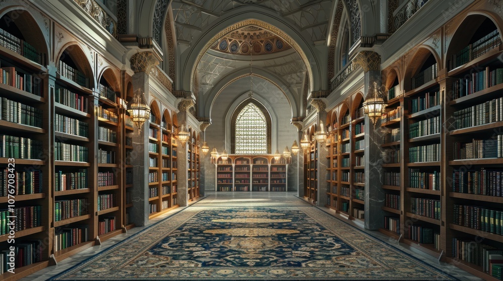 Obraz premium Large, ancient library brimming with vintage books and scholarly ambiance