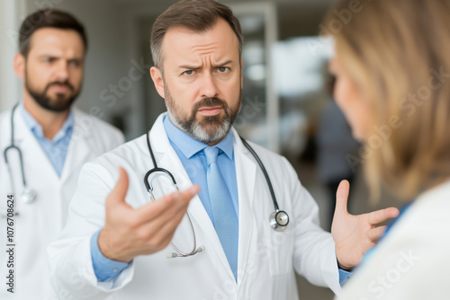 Concerned male doctor discussing with colleague in hospital setting. Serious-looking doctor in white coat, gesturing during discussion with another medical professional, indicating concern.