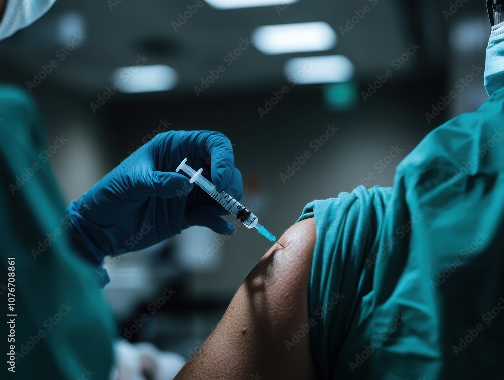 Healthcare professional administering a vaccine. Healthcare professional administering a vaccine.