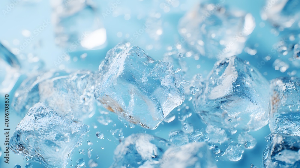 Crystal clear melting ice cubes photographed against light blue background, showcasing water drops and refreshing summer concept in minimalist right-aligned composition. Crystal clear melting ice cubes photographed against light blue background, showcasing water drops and refreshing summer concept in minimalist right-aligned composition.